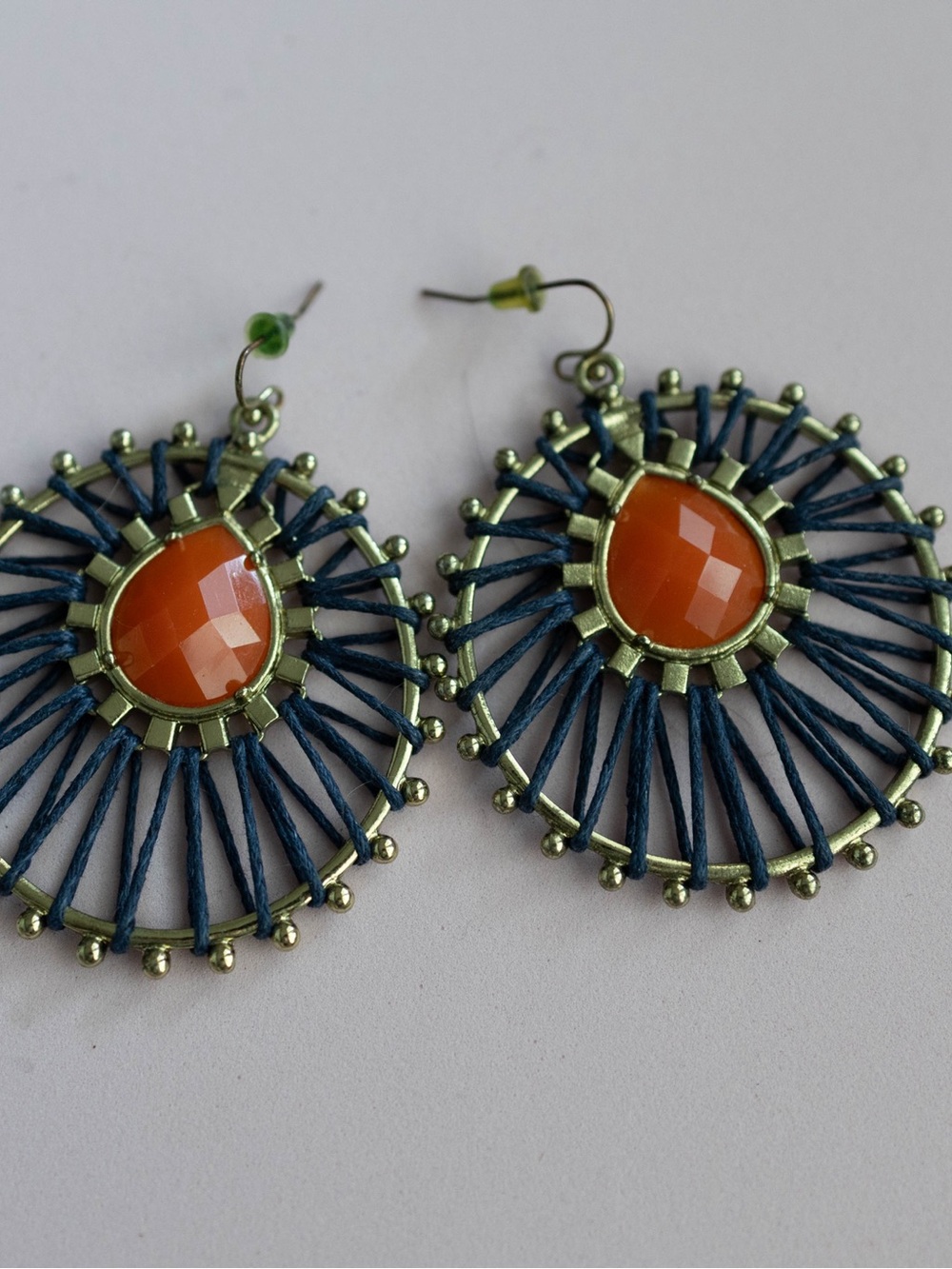 Handcrafted Orange‎ Stone and Navy Thread Hoop Earrings